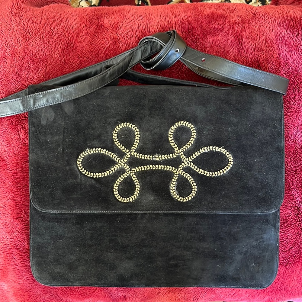 Xavier Danaud black suede handbag with gold stitching
